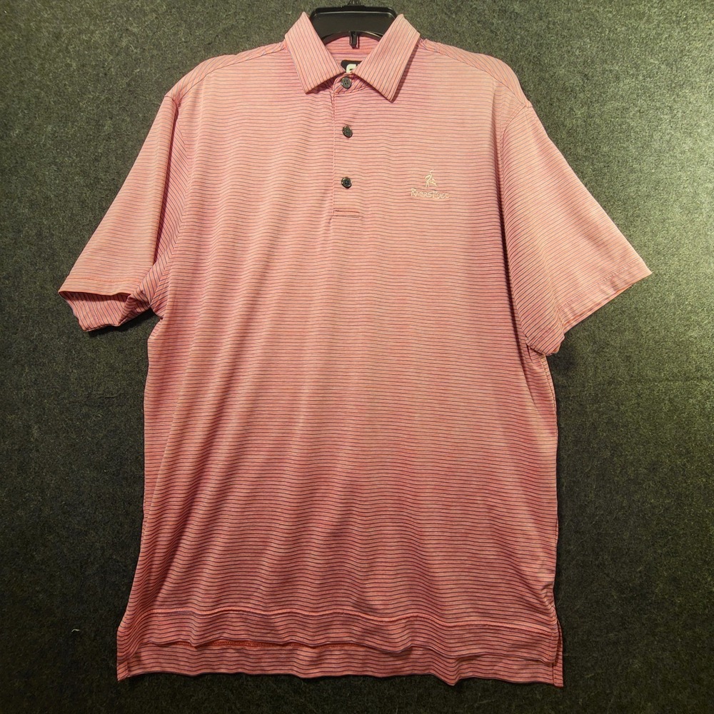 FootJoy Striped Golf Polo Shirt Coral Blue Rivers Edge Logo Men's Medium